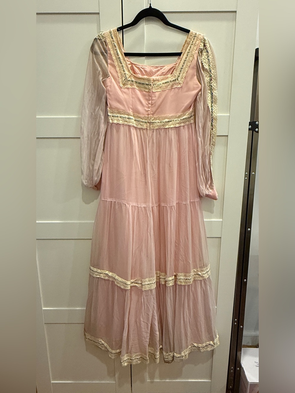 Vintage 1970s Pink Chiffon Prairie Maxi Dress Gown Ribbons Lace Trim XS S Boho - Picture 3 of 17